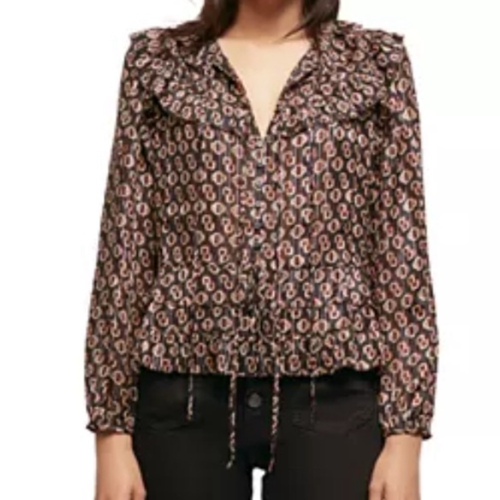 Maje Luzette Metallic Thread Print Silk Blend Peplum Blouse EUC